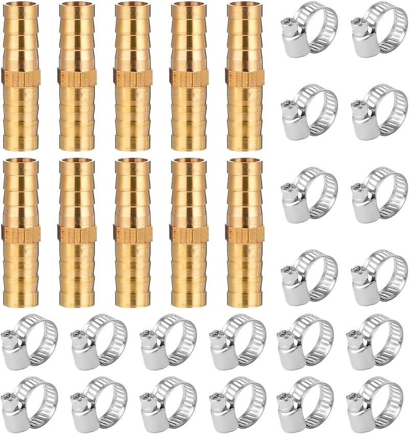 Brass Barbed Hose Connector Repair Kit with Stainless Steel Clamps for Garden Irrigation - Image 1